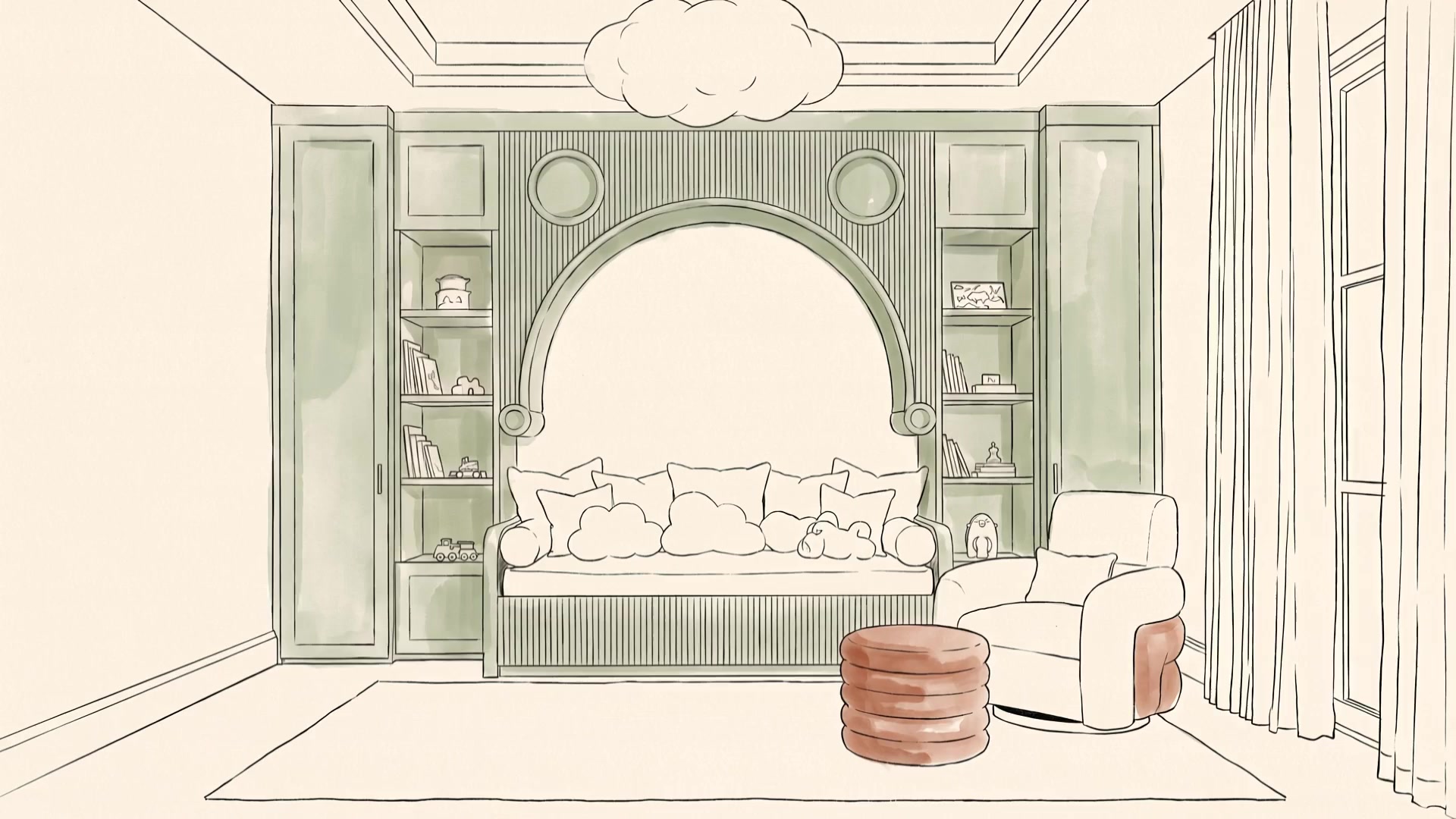 A Rosa Blue nursery: sage arched niche with warm lit shelves, a daybed with cloud cushions, a cream bouclé armchair and a terracotta pouf.