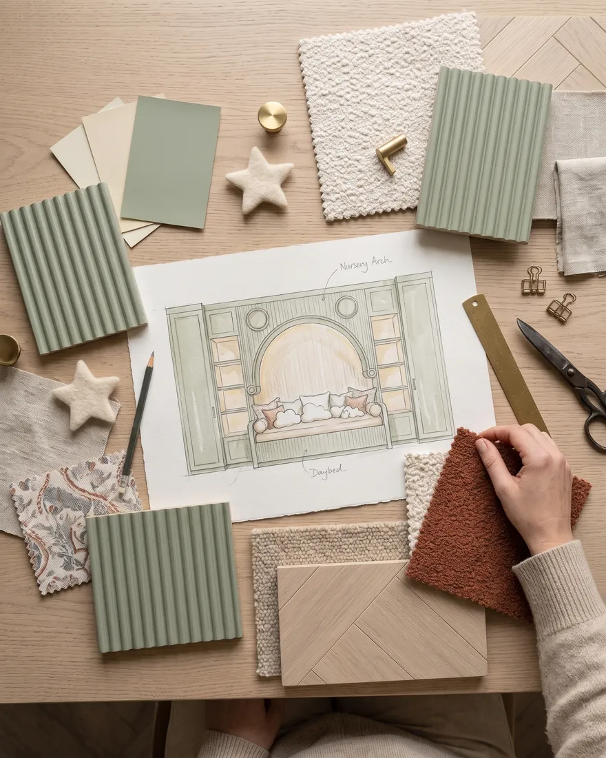 A mood board for a nursery: sage paint chips, bouclé swatches and a sketch of an arched daybed niche.
