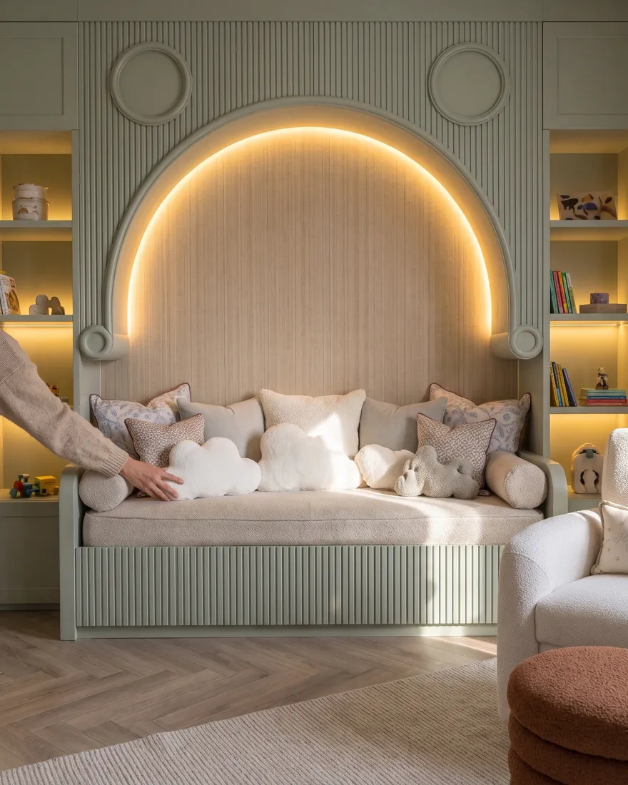 A cloud cushion being placed on the finished daybed inside the glowing arched niche.